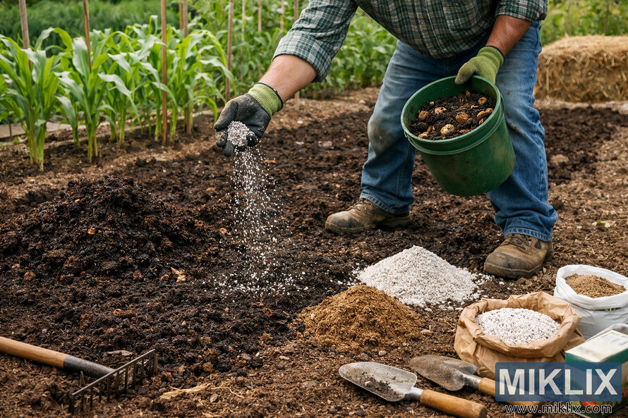 Gardener preparing rich dark soil for corn by mixing compost and soil amendments in a vegetable garden bed.