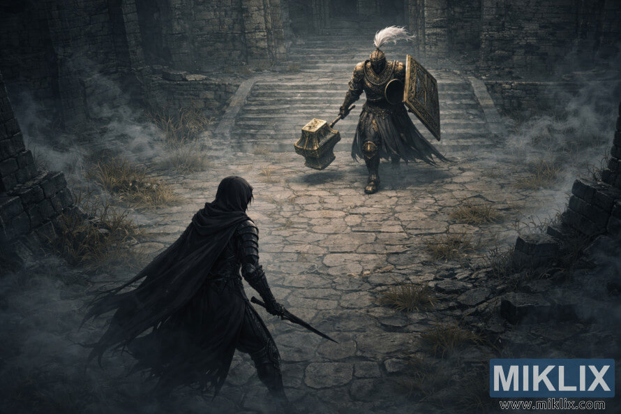 High angle isometric view of the Tarnished in dark armor facing Black Knight Garrew with mace and shield in a foggy ruined stone courtyard.