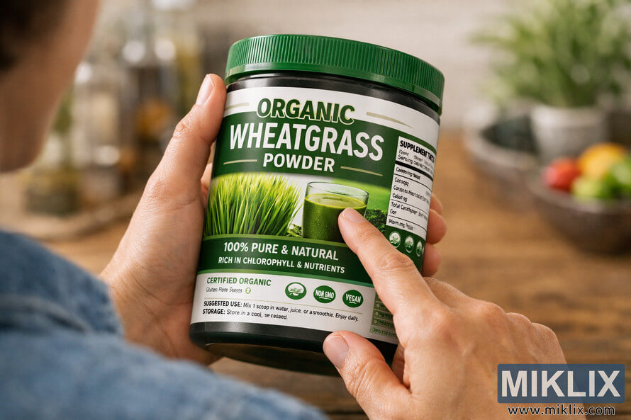 A person in a denim shirt holding a container of organic wheatgrass powder and pointing to the supplement facts label in a bright kitchen setting.