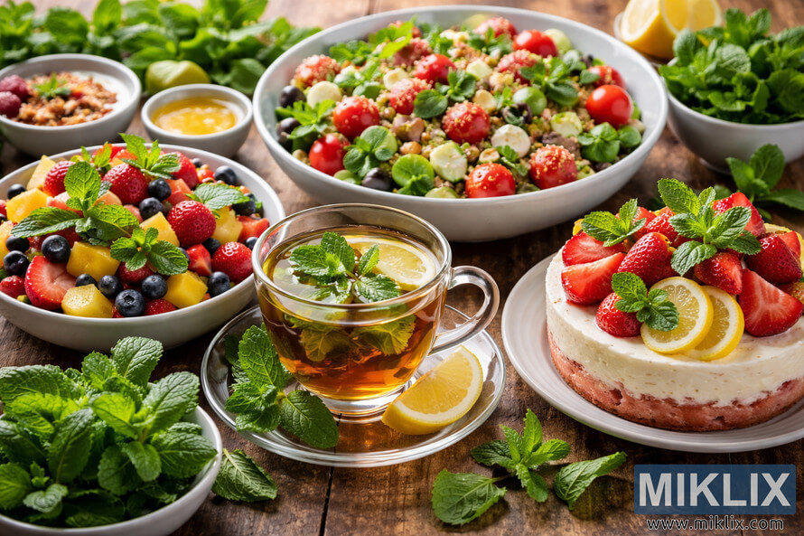 Fresh mint leaves garnishing tea with lemon, fruit salad, Mediterranean salad, yogurt, and cheesecake arranged on a rustic wooden table.