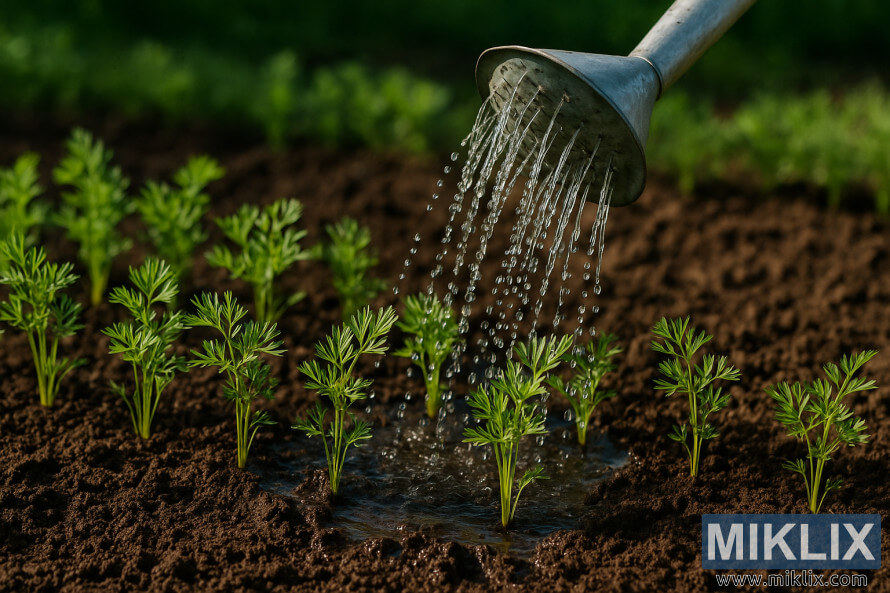 Regadera que riega suavemente las hileras de plÃ¡ntulas de zanahoria en tierra hÃºmeda del jardÃ­n.