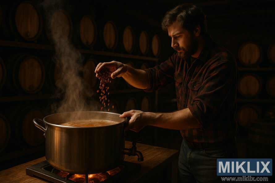 SlabÄ osvÄtlený pivovar s kouÅÃcÃm kotlem, dÄlnÃk pÅidávajÃcà pražené slady a dubové sudy v pozadÃ. SlabÄ osvÄtlený pivovar s kouÅÃcÃm kotlem, dÄlnÃk pÅidávajÃcà pražené slady a dubové sudy v pozadÃ.
