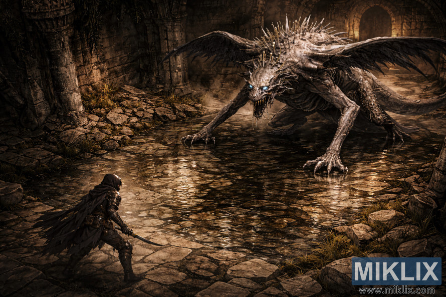 Izometrijski prikaz tamno oklopljenog ratnika koji se suoÄava s kolosalnim kraljem zmajeva u poplavljenoj ruÅ¡evnoj katedrali prije bitke. Izometrijski prikaz tamno oklopljenog ratnika koji se suoÄava s kolosalnim kraljem zmajeva u poplavljenoj ruÅ¡evnoj katedrali prije bitke.