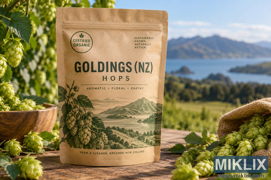 Landscape product photo of a kraft-paper package labeled Goldings (NZ) Hops and Certified Organic, surrounded by fresh green hop cones, leaves, a wooden bowl and burlap sack on a rustic table, with water, green countryside and mountains softly blurred in the background.
