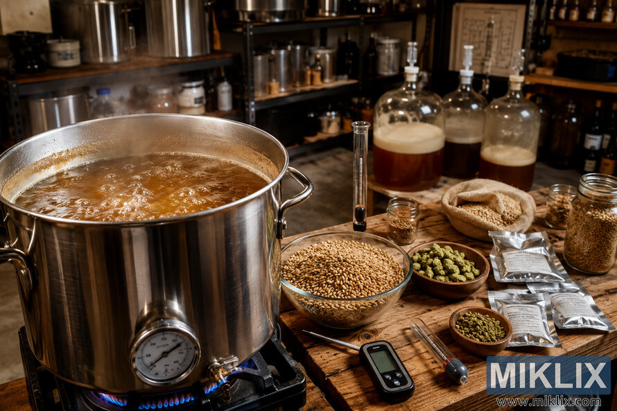 A landscape view of a detailed home brewing workspace featuring a large stainless steel brew kettle filled with bubbling amber wort over a gas burner. Brewing ingredients including malt, hops, and unbranded yeast packets are arranged on a rustic wooden table beside a digital thermometer and hydrometer. In the background, shelves of brewing equipment and glass carboys containing partially fermented liquids create a warm, inviting atmosphere illuminated by soft lighting.