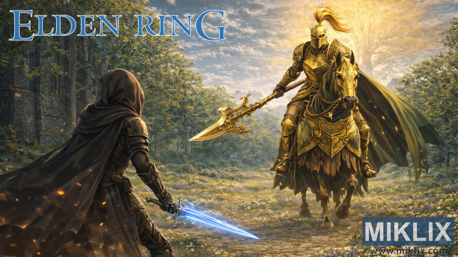 رسمة فنية من تصميم المعجبين لشخصيات "المشوهين" وهم يرتدون دروع "السكين الأسود" ويحملون سيفًا أزرق متوهجًا أثناء مواجهتهم لحارس الشجرة على ظهور الخيل في منطقة "هينترلاند" في لعبة "إلدن رينغ". رسمة فنية من تصميم المعجبين لشخصيات "المشوهين" وهم يرتدون دروع "السكين الأسود" ويحملون سيفًا أزرق متوهجًا أثناء مواجهتهم لحارس الشجرة على ظهور الخيل في منطقة "هينترلاند" في لعبة "إلدن رينغ".