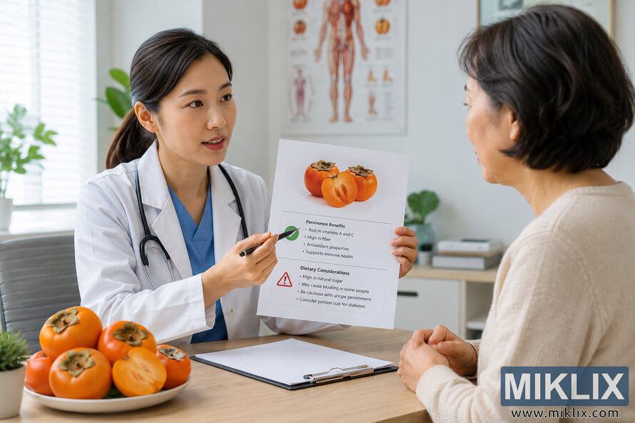 A healthcare professional in a modern medical office discusses persimmon consumption and dietary considerations with an older patient while presenting a nutrition guide featuring the fruit.