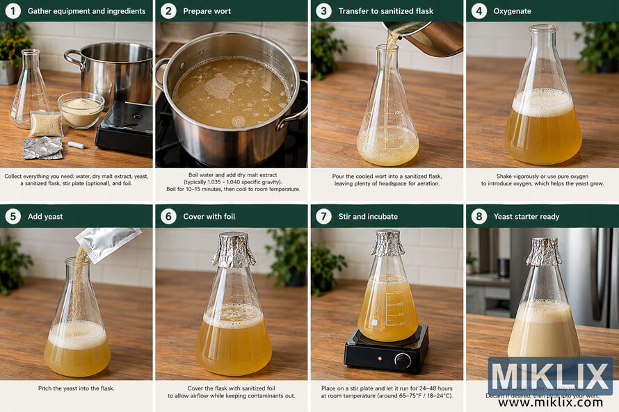 Eight-panel infographic showing how to prepare a beer-brewing yeast starter, from gathering equipment and making wort to adding yeast, stirring, incubating, and using the finished starter.