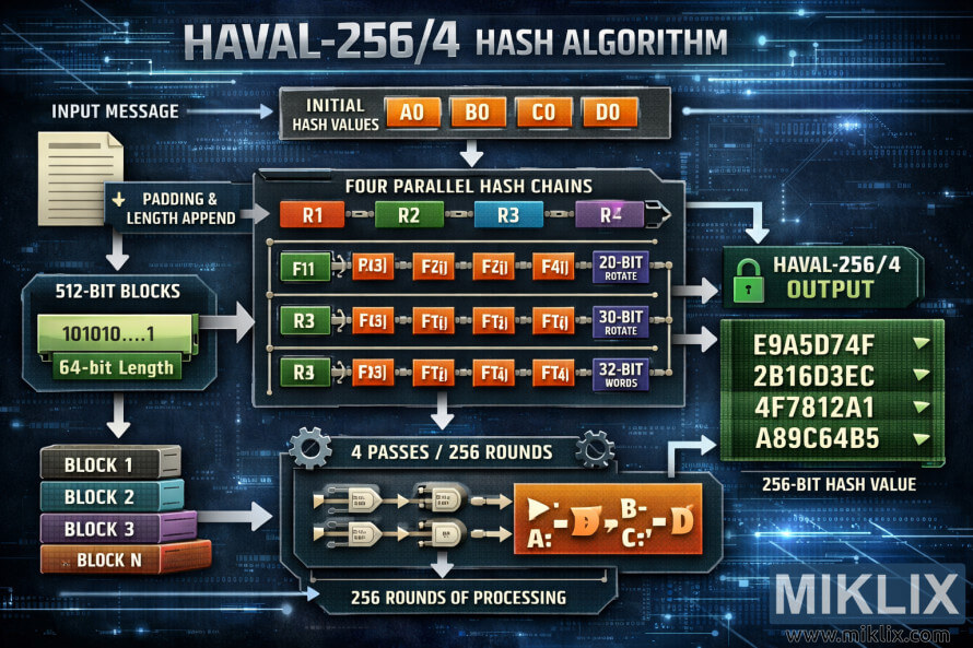 Infographie illustrant l’algorithme de hachage cryptographique HAVAL-256/4 avec remplissage de messages, traitement de blocs, quatre chaînes de hachage parallèles, rotations et une sortie finale de 256 bits.