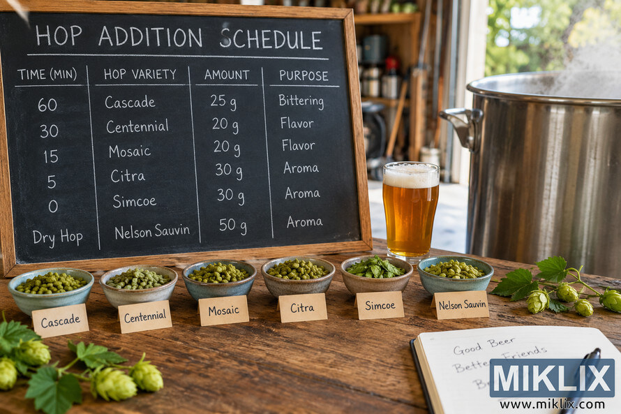 Rustic home-brewing workspace with a chalkboard hop addition schedule, labeled bowls of hop varieties, fresh hop cones, amber beer, a steaming stainless-steel brew kettle, and brewing notes on a wooden table. Rustic home-brewing workspace with a chalkboard hop addition schedule, labeled bowls of hop varieties, fresh hop cones, amber beer, a steaming stainless-steel brew kettle, and brewing notes on a wooden table.