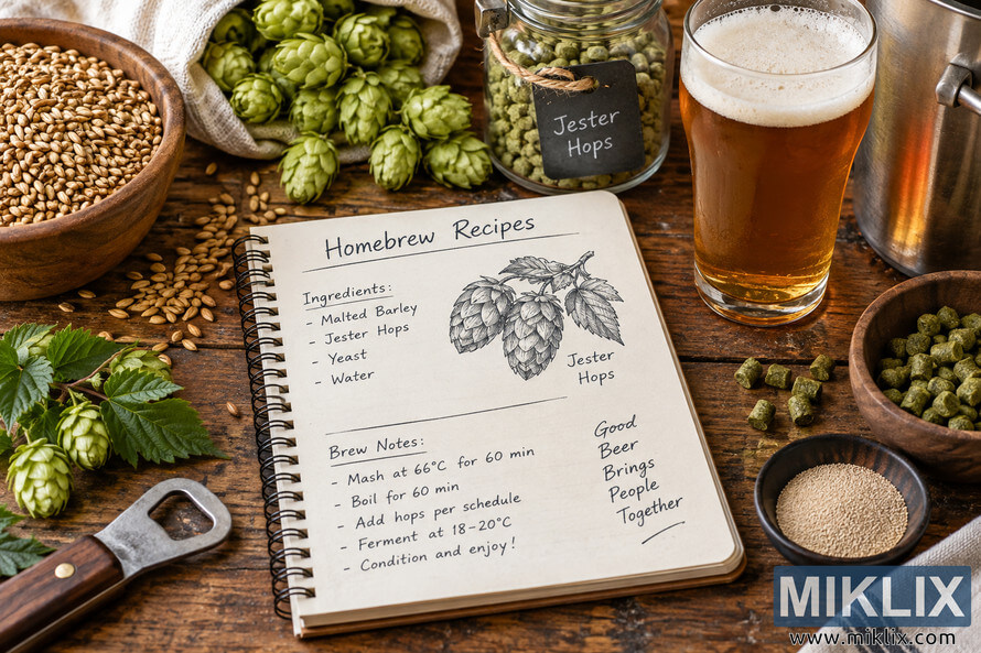 Rustic homebrewing scene with an open handwritten recipe notebook, Jester hops, malted barley, yeast, hop pellets, fresh green hop cones, brewing equipment, and a glass of amber beer on a wooden table. Rustic homebrewing scene with an open handwritten recipe notebook, Jester hops, malted barley, yeast, hop pellets, fresh green hop cones, brewing equipment, and a glass of amber beer on a wooden table.