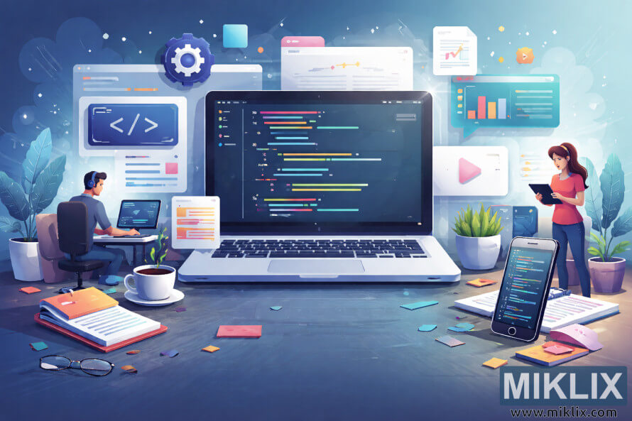 Ilustración de un espacio de trabajo de desarrollo de software moderno con una computadora portátil que muestra código, desarrolladores trabajando con dispositivos digitales y elementos de interfaz de usuario flotantes en un entorno tecnológico vibrante. Ilustración de un espacio de trabajo de desarrollo de software moderno con una computadora portátil que muestra código, desarrolladores trabajando con dispositivos digitales y elementos de interfaz de usuario flotantes en un entorno tecnológico vibrante.