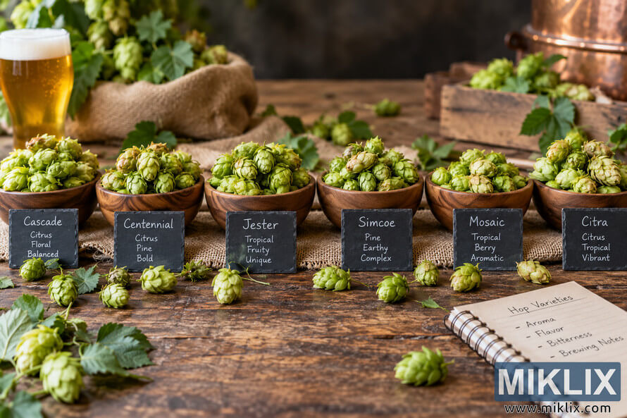 Six wooden bowls of green hop cones labeled Cascade, Centennial, Jester, Simcoe, Mosaic, and Citra arranged on a rustic brewery table with tasting notes, loose hops, a glass of golden beer, a notebook, and brewing equipment in the background. Six wooden bowls of green hop cones labeled Cascade, Centennial, Jester, Simcoe, Mosaic, and Citra arranged on a rustic brewery table with tasting notes, loose hops, a glass of golden beer, a notebook, and brewing equipment in the background.