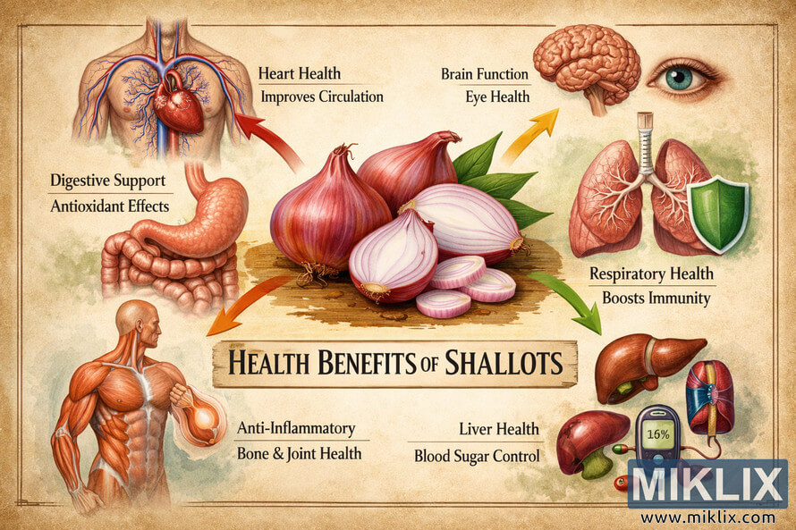 Scientific educational illustration showing whole and sliced shallots at the center, with colored arrows pointing to detailed anatomical diagrams of different human body systems.