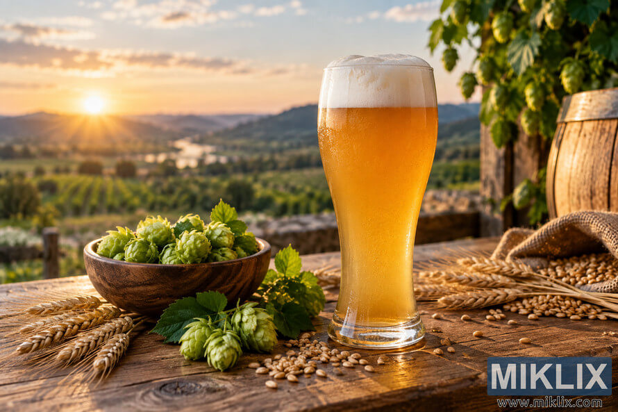Golden wheat beer with a creamy foam head in an unbranded glass on a rustic wooden table, surrounded by fresh green hops, wheat stalks and brewing grain, with a wooden barrel, hop vines and a sunlit rural landscape at sunset in the background. Golden wheat beer with a creamy foam head in an unbranded glass on a rustic wooden table, surrounded by fresh green hops, wheat stalks and brewing grain, with a wooden barrel, hop vines and a sunlit rural landscape at sunset in the background.