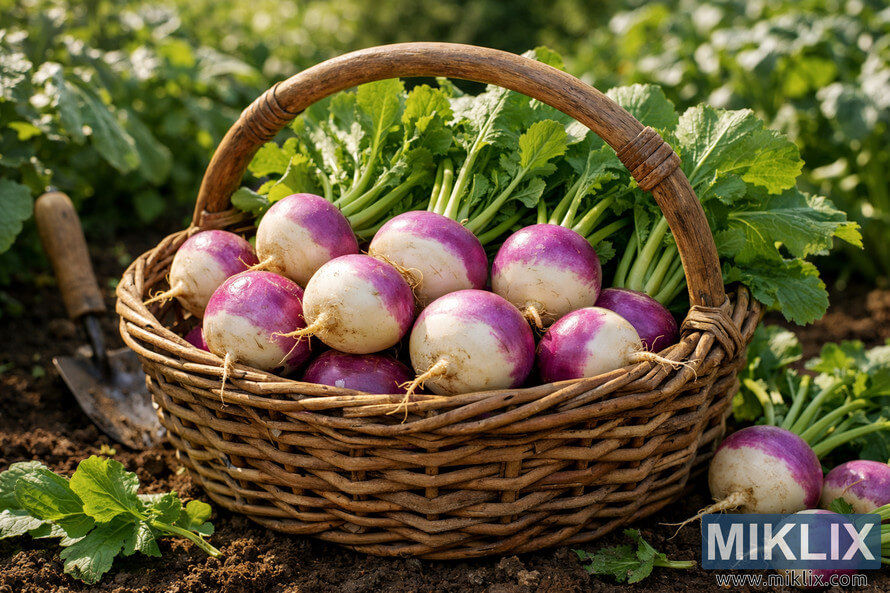 Freshly harvested turnips in a rustic wicker basket placed in a lush garden, symbolizing a healthy lifestyle. Freshly harvested turnips in a rustic wicker basket placed in a lush garden, symbolizing a healthy lifestyle.