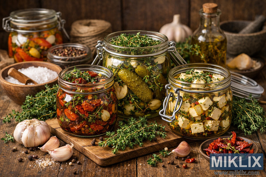 Glass jars filled with preserved foods such as sun-dried tomatoes, pickles, and marinated feta cheese infused with thyme, garlic, and spices on a rustic wooden table surrounded by fresh thyme sprigs and seasoning bowls. Glass jars filled with preserved foods such as sun-dried tomatoes, pickles, and marinated feta cheese infused with thyme, garlic, and spices on a rustic wooden table surrounded by fresh thyme sprigs and seasoning bowls.
