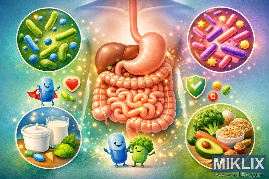 Educational illustration of a healthy human digestive system with glowing stomach and intestines, surrounded by circular insets showing beneficial bacteria, probiotic foods like yogurt and kefir, high-fiber foods such as oatmeal, avocado, carrots, broccoli, and whole grains, plus friendly probiotic and fiber characters and wellness icons on a blue-to-green gradient background. Educational illustration of a healthy human digestive system with glowing stomach and intestines, surrounded by circular insets showing beneficial bacteria, probiotic foods like yogurt and kefir, high-fiber foods such as oatmeal, avocado, carrots, broccoli, and whole grains, plus friendly probiotic and fiber characters and wellness icons on a blue-to-green gradient background.