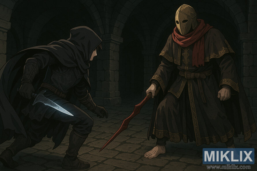 Anime stila ilustrÄcija, kurÄ AptraipÄ«tais ar mirdzoÅ¡u dunci vÄrsts pret maskÄtu Sangvinisko DižciltÄ«go, kurÅ¡ tur AsiÅaino Heliksi tumÅ¡Ä akmens pazemÄ. Anime stila ilustrÄcija, kurÄ AptraipÄ«tais ar mirdzoÅ¡u dunci vÄrsts pret maskÄtu Sangvinisko DižciltÄ«go, kurÅ¡ tur AsiÅaino Heliksi tumÅ¡Ä akmens pazemÄ.