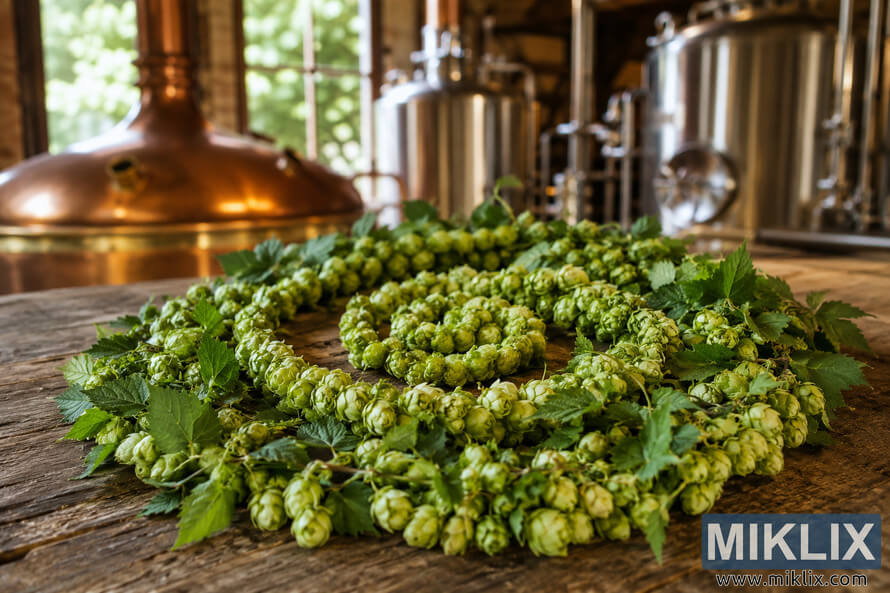Close-up of fresh Golding hops arranged in a whirlpool pattern on a rustic wooden surface inside a traditional brewery, with softly blurred brewing kettles and fermentation tanks in the background illuminated by warm natural light.