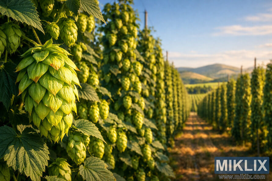 Close-up of a vibrant green Polaris hop cone in the foreground of a sunlit hop farm, with rows of tall hop vines stretching toward rolling hills under a clear blue sky.