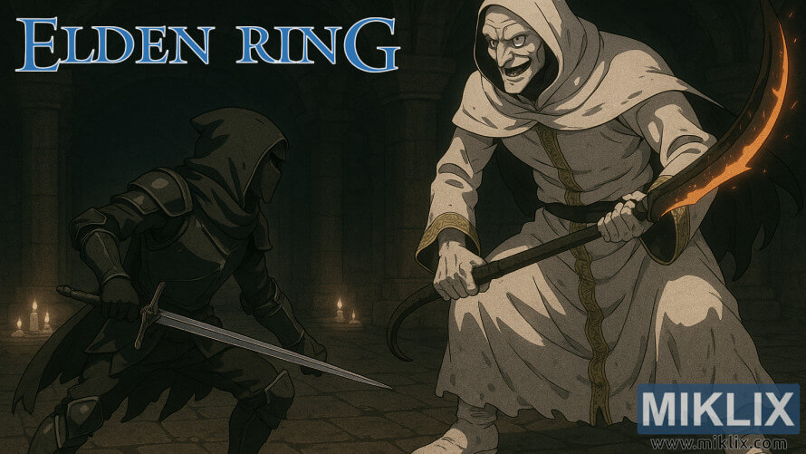 Seni kipas tina rajapati Hideung Knife nyanghareupan Rasul Godskin di jero aula batu taram Menara Ilahi Caelid.