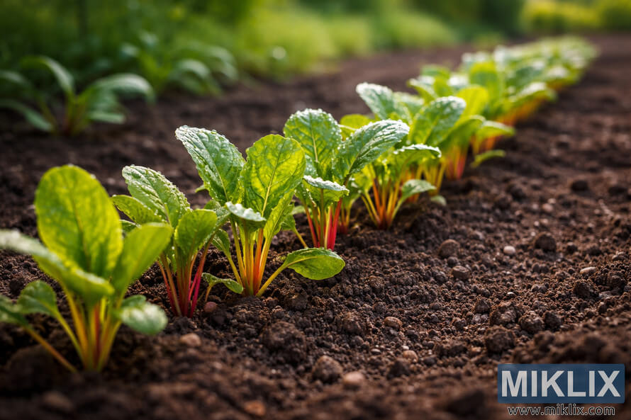 Row of young Swiss chard seedlings with colorful stems growing in dark garden soil, ready for thinning