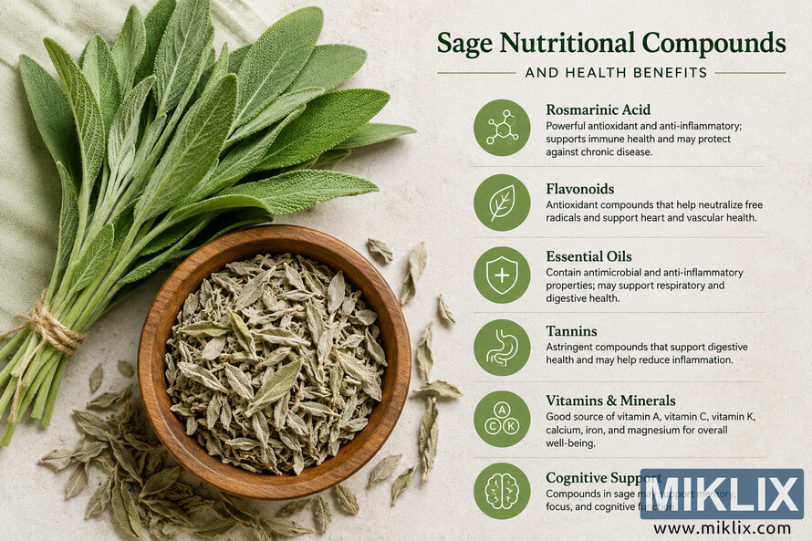 A high-resolution landscape infographic-style image featuring a bundle of fresh green sage leaves next to a wooden bowl filled with dried sage leaves on a soft neutral background. The right side of the image displays illustrated nutritional compounds and health benefits of sage, including antioxidants, flavonoids, essential oils, tannins, vitamins, minerals, and cognitive support, accompanied by minimalist green icons and elegant typography.