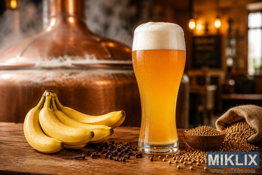 A crystal-clear glass of golden German wheat beer with a frothy white head sits on a rustic wooden table beside ripe bananas, cloves, and coriander seeds, with a softly blurred brewery fermentation vessel glowing in warm amber light in the background. A crystal-clear glass of golden German wheat beer with a frothy white head sits on a rustic wooden table beside ripe bananas, cloves, and coriander seeds, with a softly blurred brewery fermentation vessel glowing in warm amber light in the background.