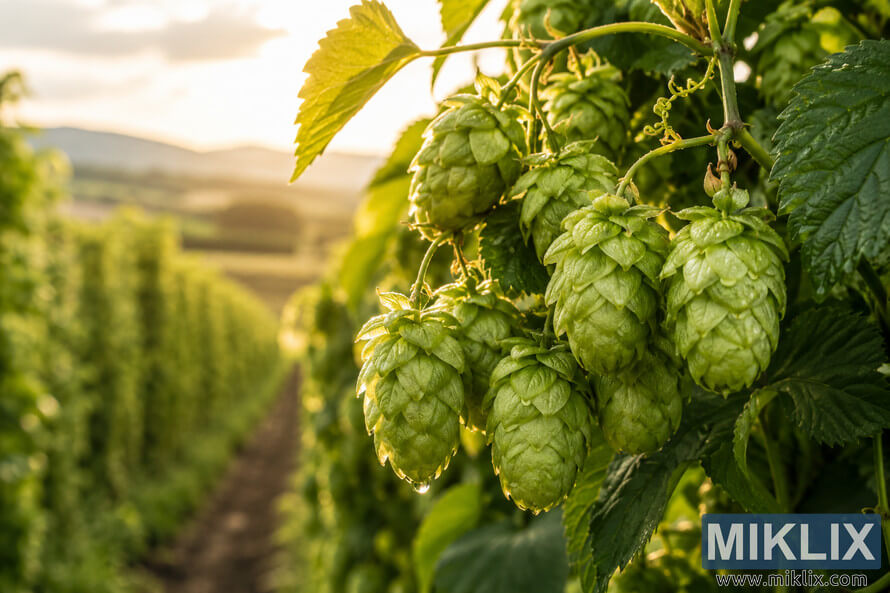 Close-up of dew-covered green Kirin II hop cones on a vine in warm golden sunlight, with leaves, tendrils, and a softly blurred hop field behind them. Close-up of dew-covered green Kirin II hop cones on a vine in warm golden sunlight, with leaves, tendrils, and a softly blurred hop field behind them.