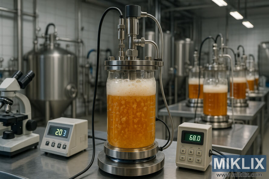 QuÃ¡ trÃ¬nh lÃªn men bia tÃ­ch cá»±c trong nhÃ  mÃ¡y bia hiá»n Äáº¡i vá»i cháº¥t lá»ng mÃ u vÃ ng sá»§i bá»t.