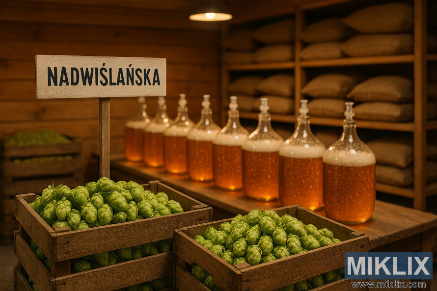 Rustic hop storage facility with NadwiÅlaÅska hops in crates, glass carboys of beer, and shelves of dried hops.