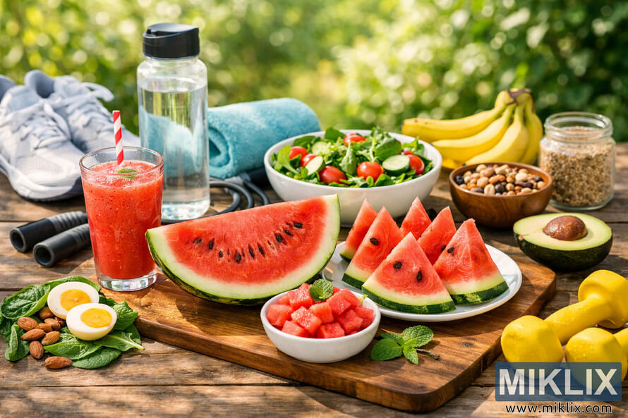 A vibrant outdoor scene featuring sliced watermelon, smoothie, salad, nuts, yogurt, and fitness items symbolizing a healthy lifestyle and balanced nutrition. A vibrant outdoor scene featuring sliced watermelon, smoothie, salad, nuts, yogurt, and fitness items symbolizing a healthy lifestyle and balanced nutrition.