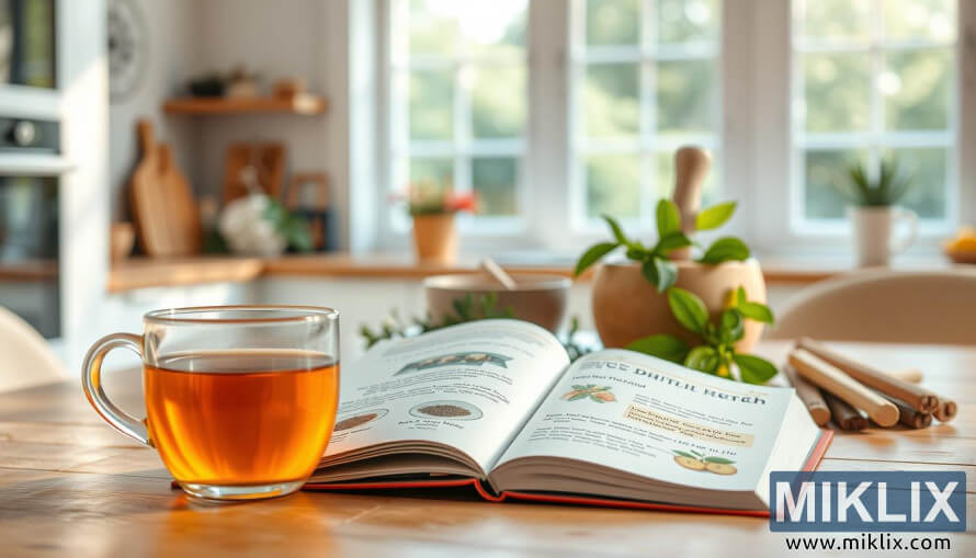 Gufandi bolli af tei Ã¡ trÃ©borÃ°i meÃ° opinni bÃ³k um munnheilsu, kryddjurtum og ÃºtsÃ½ni yfir garÃ° Ã­ bakgrunni.