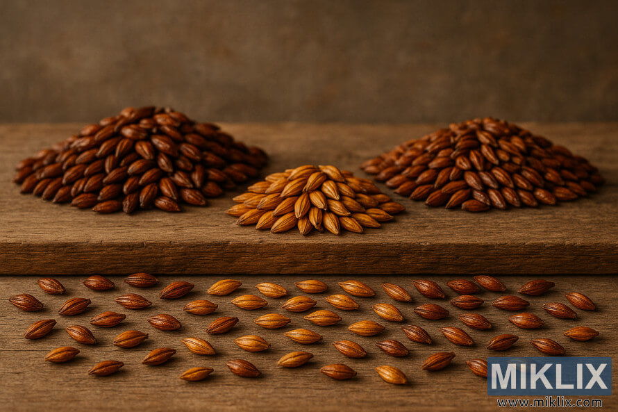 Sari-saring butil ng Munich malt sa amber at gold shades na nakaayos sa isang simpleng mesang kahoy.