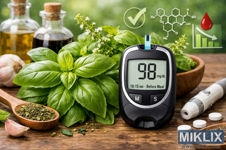 A blood glucose meter displaying 98 mg/dL sits on a rustic wooden surface surrounded by fresh basil leaves, a wooden spoon of dried basil, garlic, and glass bottles of oil, symbolizing the health benefits of basil for diabetes management.