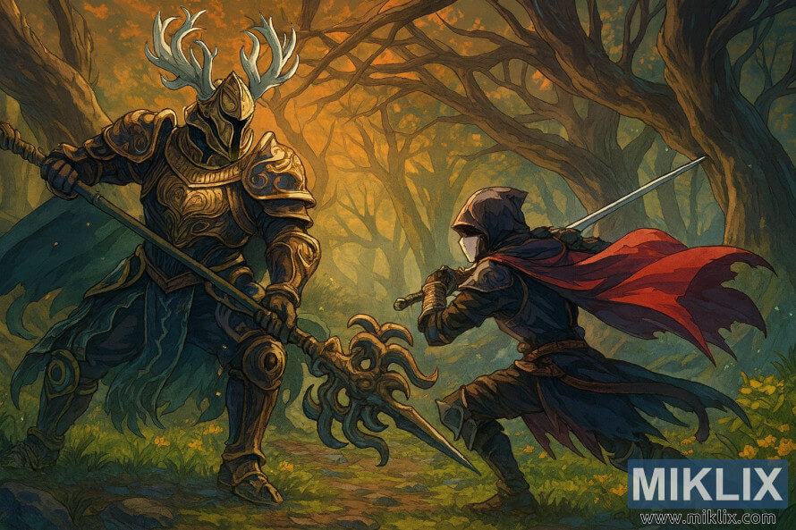 Anime-inspireret fan art af Tarnished, der kÃ¦mper mod Crucible Knight Siluria i Elden Rings Deeproot Depths