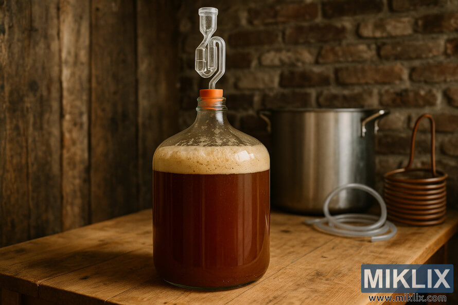 Glass carboy of German Altbier fermenting on a wooden table in a rustic homebrewing space in Düsseldorf. Glass carboy of German Altbier fermenting on a wooden table in a rustic homebrewing space in Düsseldorf.