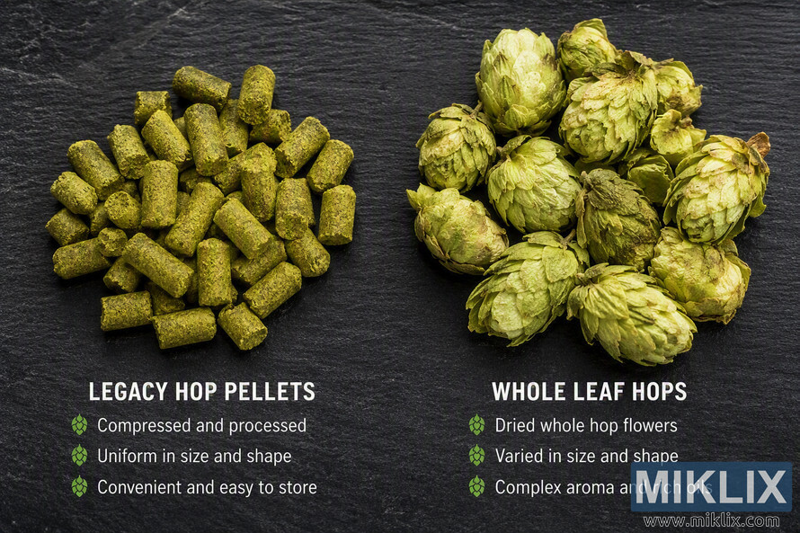 Side-by-side comparison image showing compressed legacy hop pellets on the left and whole leaf hops on the right against a dark textured background. The pellets appear as small cylindrical green pieces with a consistent shape and size, while the whole leaf hops appear as dried green hop cones with layered leaves and natural variation. Informational labels beneath each group describe the physical characteristics, storage properties, and appearance of the two hop formats. Side-by-side comparison image showing compressed legacy hop pellets on the left and whole leaf hops on the right against a dark textured background. The pellets appear as small cylindrical green pieces with a consistent shape and size, while the whole leaf hops appear as dried green hop cones with layered leaves and natural variation. Informational labels beneath each group describe the physical characteristics, storage properties, and appearance of the two hop formats.