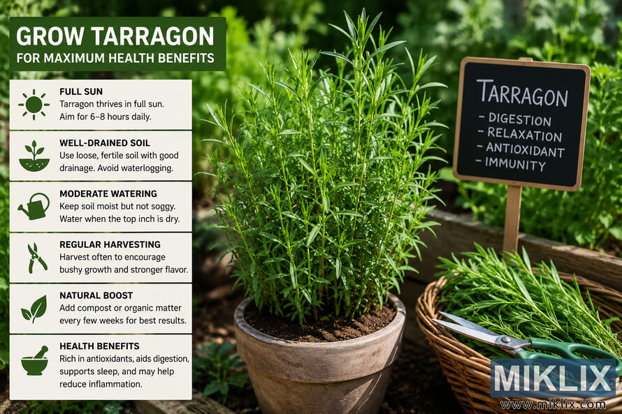 Landscape-oriented home garden scene showing a healthy tarragon plant growing in a rustic clay pot beside harvested tarragon in a wicker basket with garden scissors. Informational panels explain sunlight, soil, watering, harvesting, and health benefits of tarragon including digestion support, antioxidants, relaxation, and immunity enhancement.