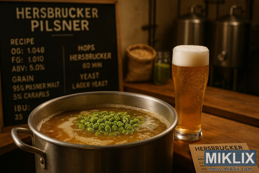 Zlatna sladovina koja mjehuri u kotlu za kuhanje s hmeljem Hersbrucker, ÄaÅ¡om za pilsner i postavkom za kuhanje piva pod toplim osvjetljenjem