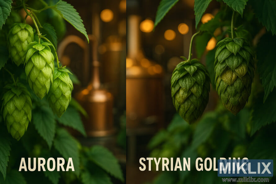 Split image showing Aurora hops on the left and Styrian Golding hops on the right with brewing equipment in the background Split image showing Aurora hops on the left and Styrian Golding hops on the right with brewing equipment in the background