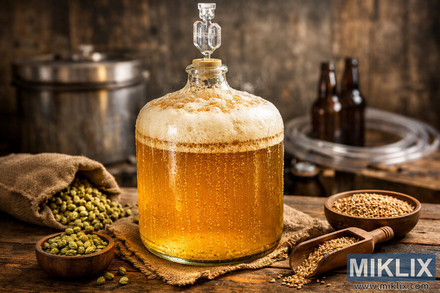 A glass carboy filled with golden pilsner beer fermenting on a rustic wooden table, surrounded by hops and malted barley. A glass carboy filled with golden pilsner beer fermenting on a rustic wooden table, surrounded by hops and malted barley.