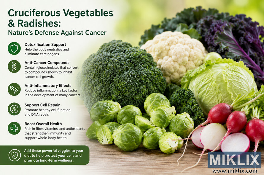 Landscape infographic featuring broccoli, Brussels sprouts, cabbage, cauliflower, kale, and red radishes with educational text describing the potential cancer prevention benefits of cruciferous vegetables, presented in a clean green-and-white design with no visible brands.
