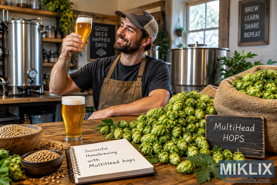 Smiling homebrewer in a rustic home brewery raises a glass of golden beer beside fresh green MultiHead hops, malted grains, brewing notes, and stainless-steel brewing equipment. Smiling homebrewer in a rustic home brewery raises a glass of golden beer beside fresh green MultiHead hops, malted grains, brewing notes, and stainless-steel brewing equipment.