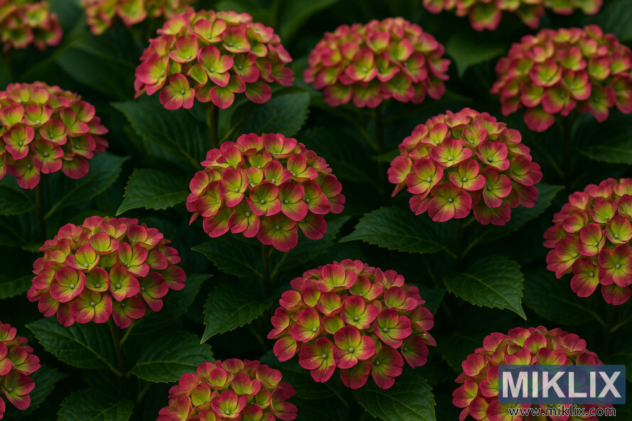 Hortenzije pistacija sa zelenim, ruÅ¾iÄastim i tamnocrvenim cvetovima protiv bujnog tamno zelenog liÅ¡Äa.