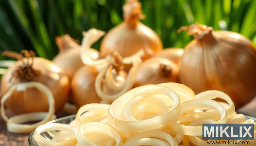 Fresh onion rings and whole onions arranged on a platter with warm golden light and a lush natural backdrop. Fresh onion rings and whole onions arranged on a platter with warm golden light and a lush natural backdrop.