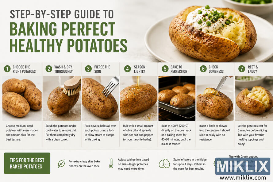 Landscape infographic showing a seven-step visual guide to baking healthy potatoes, from selecting and washing the potatoes through baking, checking doneness, and serving, with additional healthy topping suggestions and baking tips. Landscape infographic showing a seven-step visual guide to baking healthy potatoes, from selecting and washing the potatoes through baking, checking doneness, and serving, with additional healthy topping suggestions and baking tips.