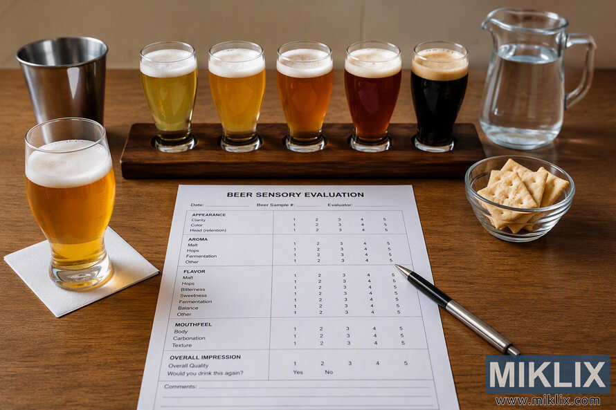 Landscape photograph of a beer sensory evaluation setup on a wooden table featuring a tasting flight of five beers ranging from pale gold to dark stout, a full pint glass, a printed evaluation form, a pen, a water pitcher, a dump bucket, and a bowl of plain crackers arranged for professional sensory analysis. Landscape photograph of a beer sensory evaluation setup on a wooden table featuring a tasting flight of five beers ranging from pale gold to dark stout, a full pint glass, a printed evaluation form, a pen, a water pitcher, a dump bucket, and a bowl of plain crackers arranged for professional sensory analysis.