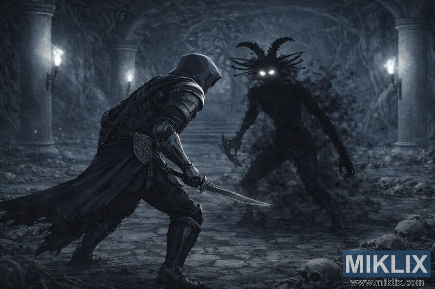 Boz-mavi tonlu anime sÉhnÉsindÉ, Caelid katakombalarının içÉrisindÉki parlayan gözlü QÉbiristanlıq KölgÉsinÉ yaxınlaÅan Qara Bıçaqlı Tarnished zirehinin tÉsviri. Boz-mavi tonlu anime sÉhnÉsindÉ, Caelid katakombalarının içÉrisindÉki parlayan gözlü QÉbiristanlıq KölgÉsinÉ yaxınlaÅan Qara Bıçaqlı Tarnished zirehinin tÉsviri.